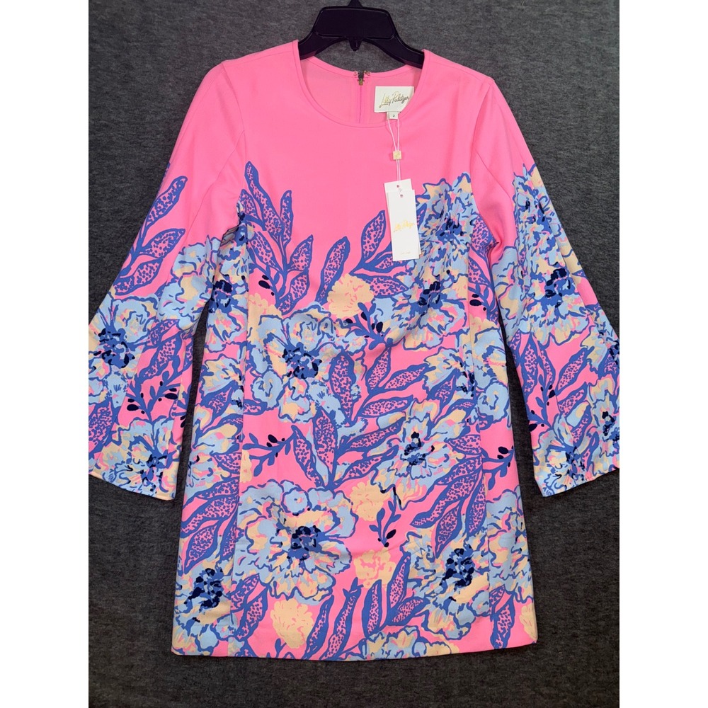 Lilly Pulitzer Gwenlyn Dress Pink Blue Floral Zip Flared Sleeve Size 2 NEW - Picture 2 of 11